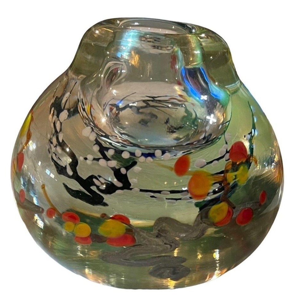 Vintage Signed "Roessler '82" Uranium Glass Paperweight Candleholder